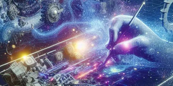 展示3D动画制作过程的场景，包含3D模型和动画软件界面。